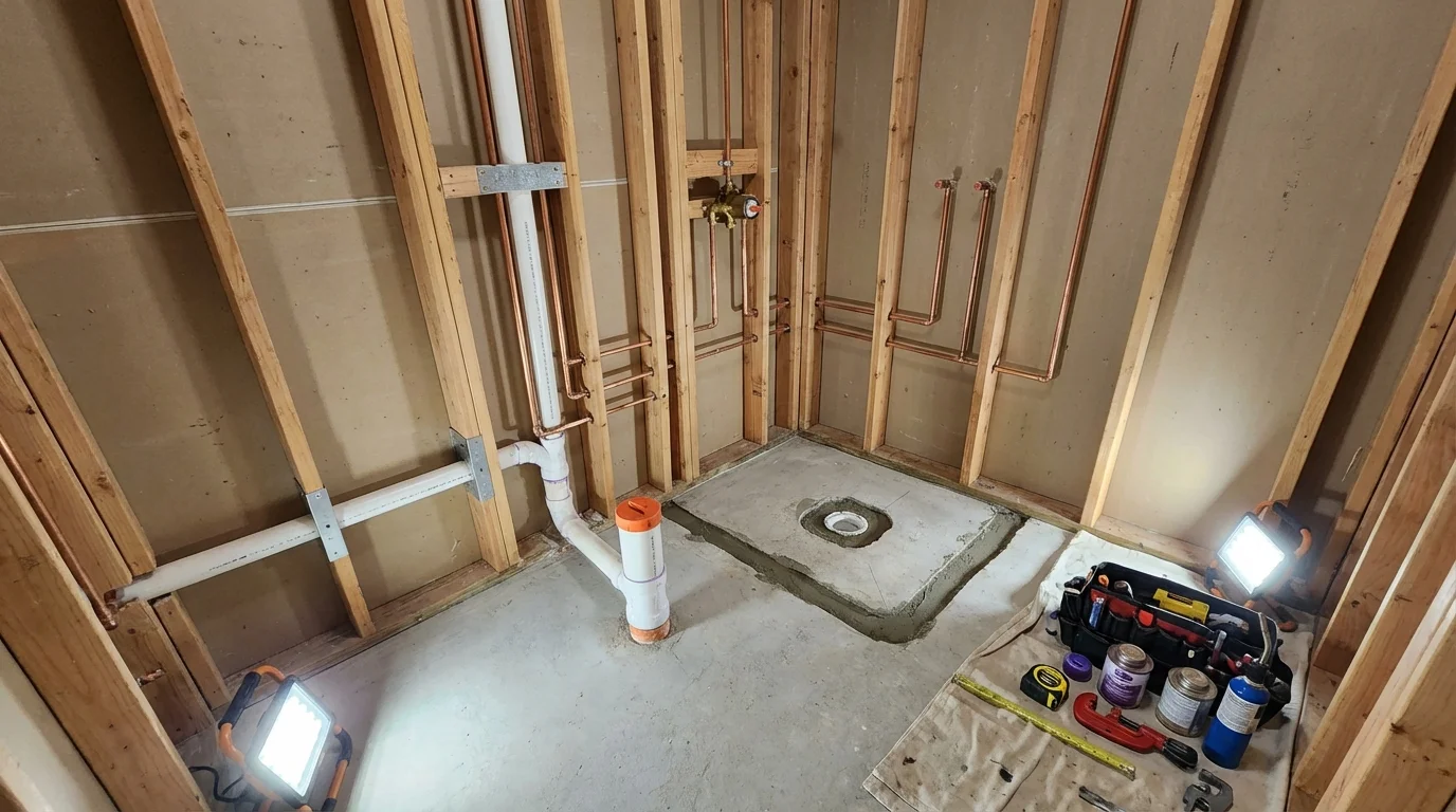 Bathroom rough-in plumbing during remodel by Johns Plumbing LLC in Shamokin Dam