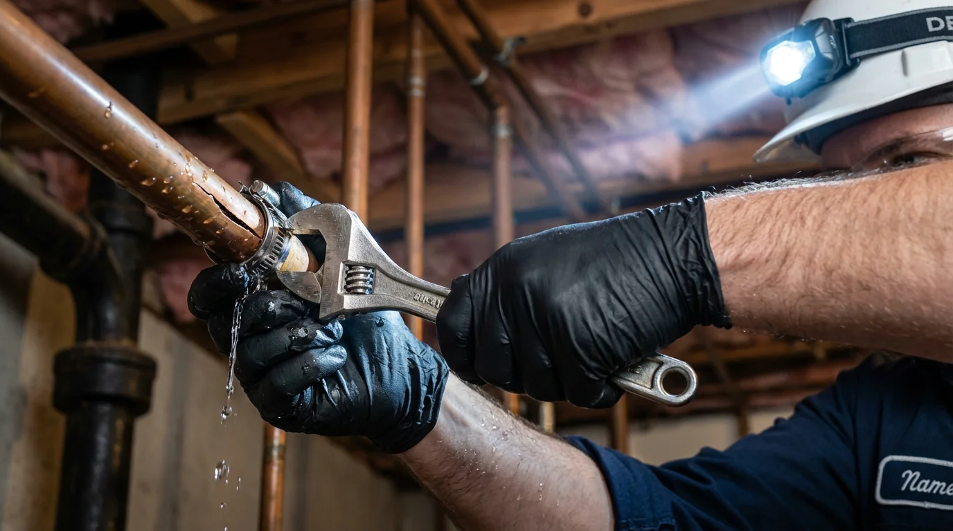 Emergency pipe clamp repair being performed by a Johns Plumbing LLC plumber in Shamokin Dam