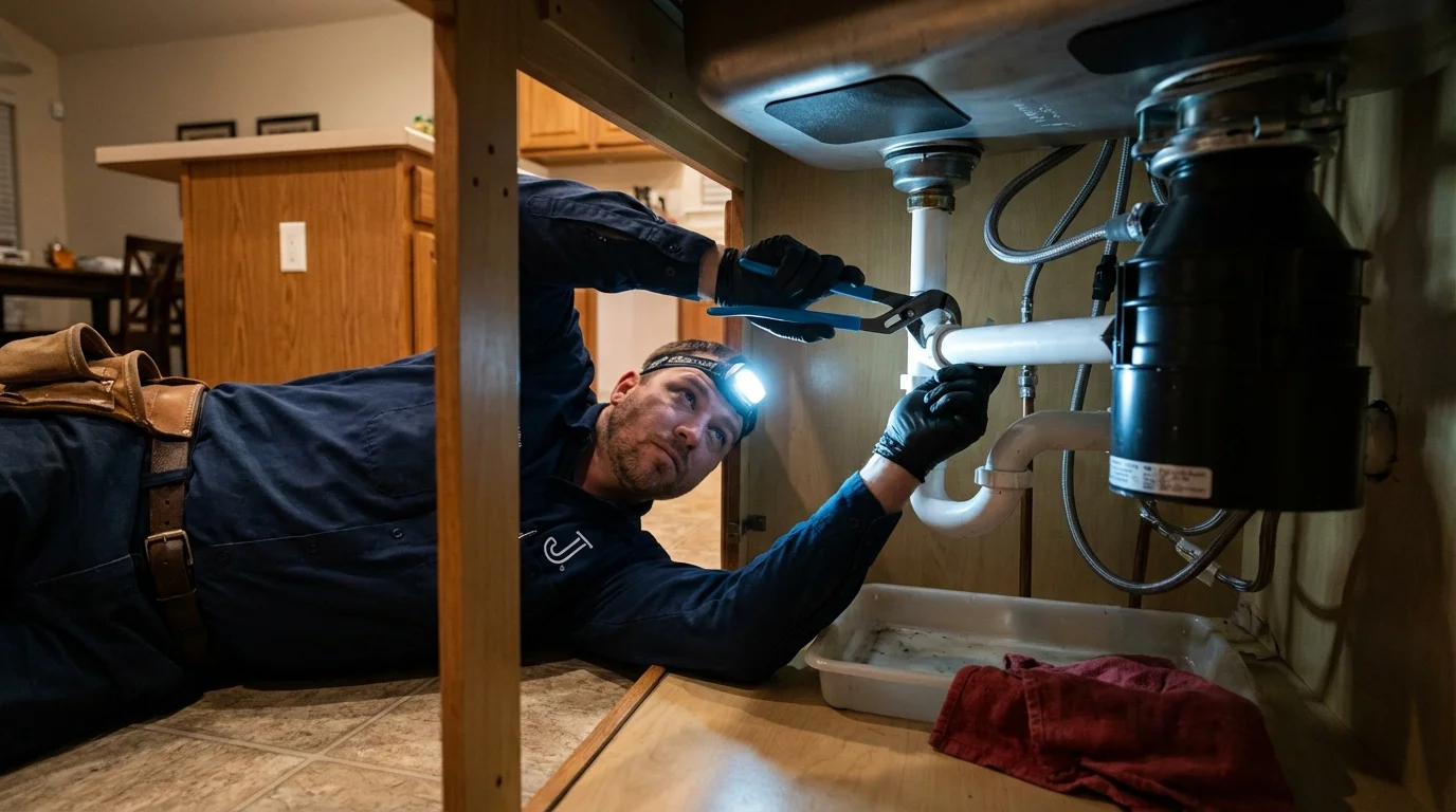 P-trap and supply line connections under a kitchen sink showing a common leak point in Shamokin Dam, PA